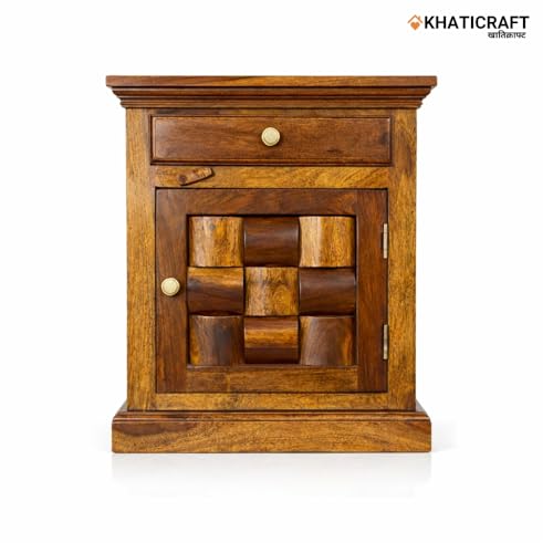 Image of Solid Sheesham Wood Niwar Bedside Table with Drawer and Door Storage for Bedroom Furniture | Wooden Nightstand Side Table for Living Room Home and Hotels | Honey Finish