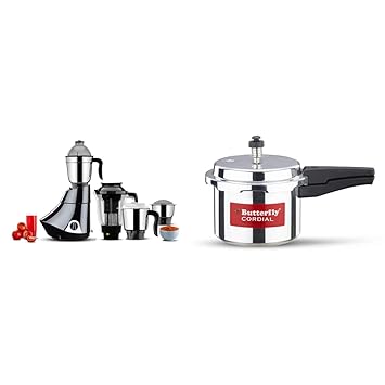 Butterfly Smart 750W Mixer Grinder 4 Jars 3 Stainless Steel + 1 Juicer Grey ABS & Butterfly Cordial 3L Pressure Cooker Outer Lid Aluminium Gas Compatible Silver
