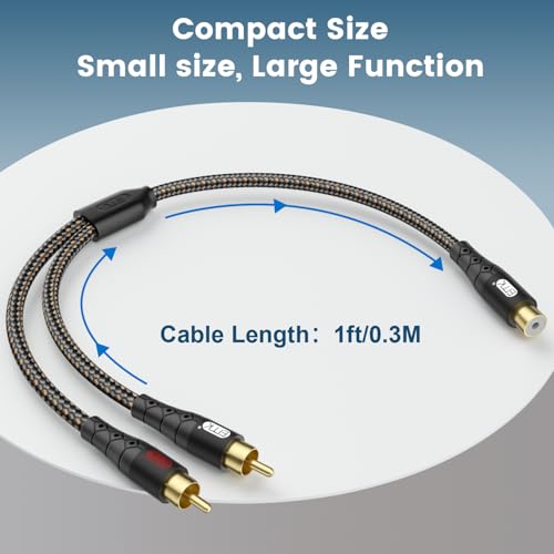 Image of EMK RCA Splitter 2 Male to Female Extension Cable Dual Shielding Gold Plated Nylon Braided RCA Splitter 1 Female to 2 Male Cord Adapter Black /1ft /30CM