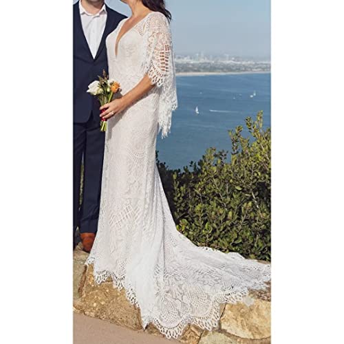 Boho Wedding Dresses for Bride Lace Mermaid Bridal Dress V Neck Cape Sleeve Beach Bohemian Vintage Wedding Gown3