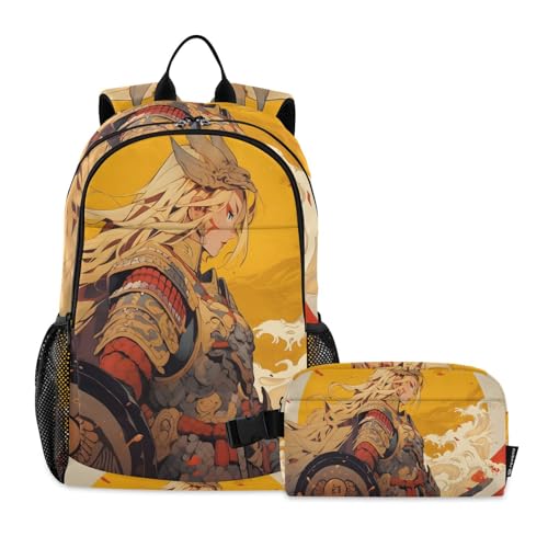Anime Warrior Travel Backpack with Lunch Bag Set with 15 IN Laptops Compartment for Work Hiking Picnic