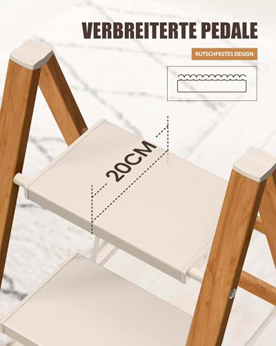 ATTESTIERER Trittleiter 3 Stufen klappbar,150 kg Kapazität mit Anti-Rutsch-Pedal,Tragbarer Tritthocker aus Alu,einfach zu verstauen,Innen- und Außenbereich, ästhetisches Aussehen,Weiß Holz Look