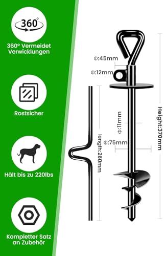 Bodenanker Hund Pro, Erdanker Hund Mittlere bis Große bis zu 100 kg, Keine Scharfe Kante Extra Stabiler Spiralanker für Große Hunde, Bodenanker zum Eindrehen für Strand, Camping, Rasen und Hof