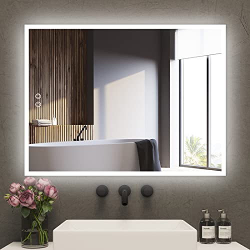 Evokor 32 x 24 Inch Led Smart Bathroom Mirror with Lights, Anti Fog, White/Warm/Natural Light, Dimmable, Lighted Vanity Mirror Wall Mounted, CRI92, IP54 Waterproof (Horizonal & Vertical