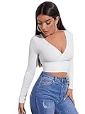 DIDK Damen Strick Crop T-Shirt Bauchfrei Oberteile Tiefer V Ausschnitt Langarmshirt Pullover Cropped Tops Langarm Shirt Weiß M