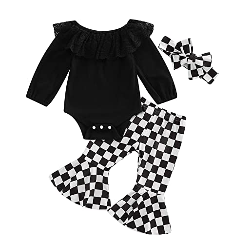 Image of SAYOO Newborn Baby Girl Clothes Infant Rib Frill Long Sleeve Romper Floral Flared Pants Headband 3pcs Fall Winter Outfits
