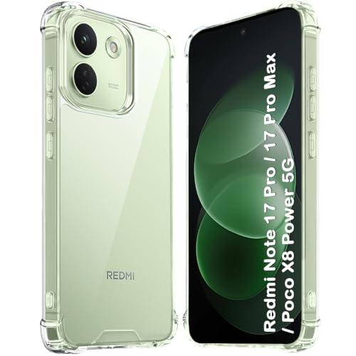 Image of TheGiftKart Crystal Clear Back Cover Case for Mi Redmi Note 17 Pro / 17 Pro Max 5G / Poco X8 Power 5G | 360 Degree Protection | Shock Proof Design | Hard Back Cover Case (PC & TPU, Transparent Bumper)