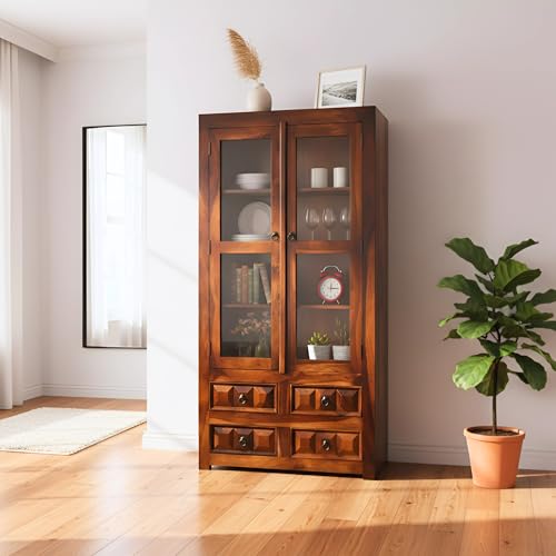 Image of SONA ART & CRAFTS Solid Sheesham Wood Crockery Cabinet Kitchen Display Rack with Door for Kitchen Study Room Bookshelf and Home Cabinet Furniture- Teak Brown Finish