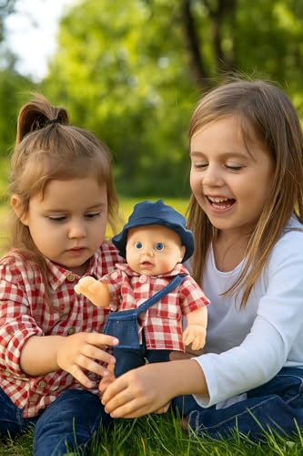 Image of Cute Little Boy in Teddy Printed Dress Doll for Kids (Rotatable Legs Arms Interactive Baby Doll with Removable Clothes, 31 cm, Red Checkered Shirt and Blue Overalls, Educational Toy
