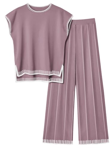 Image of Ekouaer Womens Matching Sets Knit Sweater Sets 2 Pieces Lounge Set | Pullover Tops Wide Legs Pants Casual Outfits