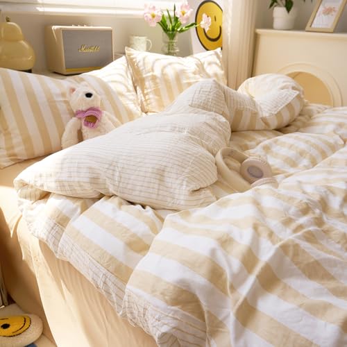 Image of EAVD Beige Striped Duvet Cover Queen Soft Washed Microfiber Striped Reversible Bedding Set with 2 Pillowcases Modern Farmhouse Geometric Pattern Duvet Cover with Zipper Closure