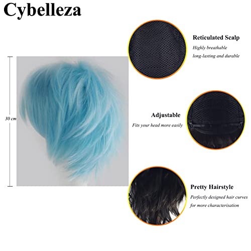 Cybelleza Anime Cosplay Wig - Short Synthetic Curly Straight Layered Fluffy Sky Blue Wig with Free Cap, 23 inches - Image 2