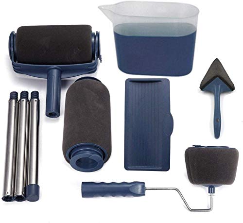 KINDAX - Rodillo para pintura con depósito, juego de 9 piezas, incluye un rodillo de repuesto y pinceles para mango, rodillos de pintura multifunción para pintar rápidamente casa y jardín