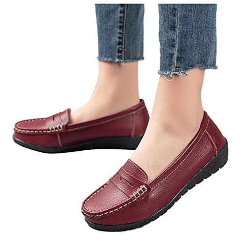 Hbeylia Women's Red Leather Slip On Loafers Fashion Casual Walking Shoes