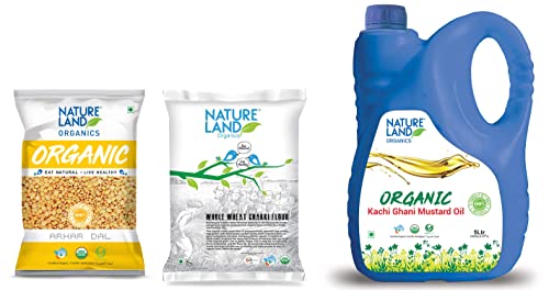 Image of Natureland Organics Mustard Oil Jar, 5 L & Whole Wheat Flour Bag, 5 kg & Dabur Lal Tail : Ayurvedic Baby Massage Oil - 500ml|Clinically Tested 2x Faster Physical Growth for Stronger Bones and Muscles