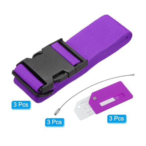Image of PATIKIL Luggage Strap with Luggage Tag and Loop 78 inchx2 inch, 3 Set Adjustable Suitcase Belt for Travel Packing Bag Closure Identify, Purple