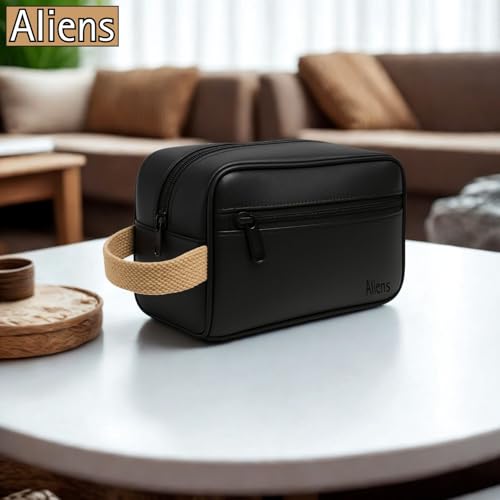 Image of Aliens Multipurpose Travel Organizer Vegan Leather Pouch for Men and Women, Hanging Dopp Kit, Water-Repellent Bag for Toiletry, Shaving Kit, Cosmetics & Makeup, Jewellery, Gadget, Accessories-Black