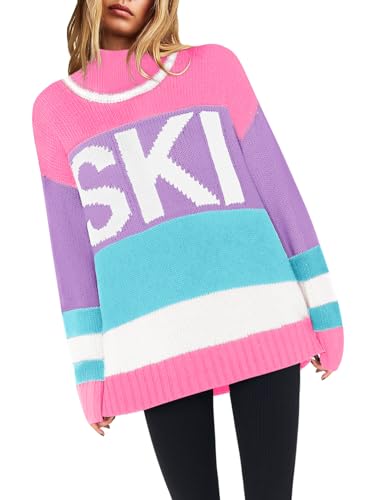 Image of Yousify Womens Sweaters Fall 2025 Oversized Color Block Ski Sweater Crewneck Winter Tops S-2XL