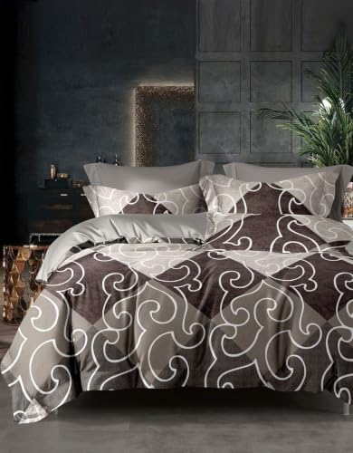 Image of DECOMIZER Cotton Feel Glace Cotton Elastic Fitted Printed King Size Double Bed Bedsheet with 2 Large Pillow Covers Fits Upto Mattress of 8 Inches,Size - 72 x 78 x 10 Inches,Big Box Coffee