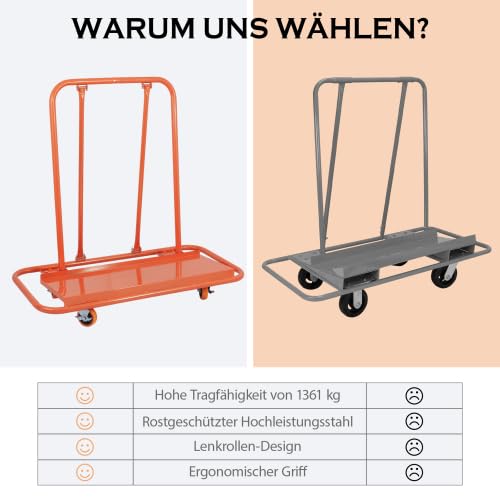 Robusto carro de placas de yeso | Rigips Carro de transporte con capacidad de carga de 1000 kg – Carro plegable con 4 ruedas giratorias y frenos | Transportador de placas para paneles de yeso naranja