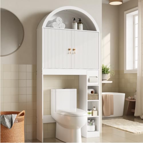 HOOBRO Over the Toilet Storage Cabinet 67.7 Tall Bathroom Organizer with Wave Doors Arched Design with Adjustable Shelf Toilet Paper Holder Freestanding Cabinet for Narrow Space White WT26TS01
