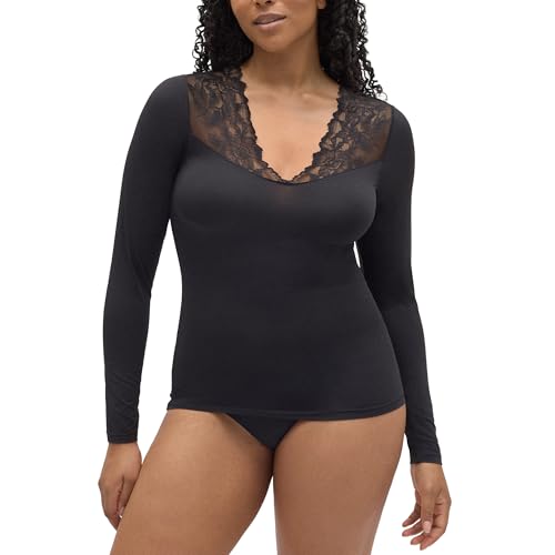 YSABEL MORA Camiseta Manga Larga Elástica con Encaje Floral Escote en V Sensual y Elegante para Looks Sofisticados y Confortables Ideal para Outwear o Prenda Interior Especial