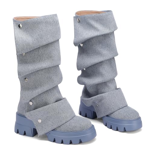 Women's Platform Mid-Calf Boots Fold Over Slouchy Style with Removable Ruched Panel Round Toe 3-In Chunky Heel Boots3