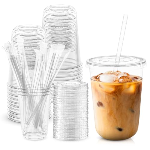 TINSKY 50 Sets Clear Plastic Cups with Lids and Straws Disposable Iced Coffee Cups Drinking PET for Cold Drinks Juice Smoothie Coffee Shops Party Christmas(Clear 16 oz)
