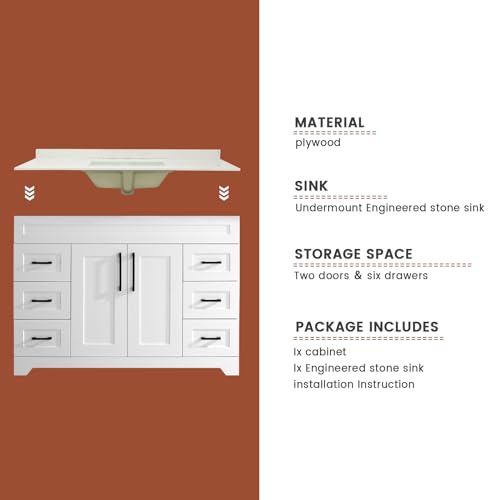 TONYRENA 48\" Luxurious Bathroom Vanity with White Stone Countertop and Rectangle Sink and Back Splash,2 Soft Closing Doors & 6 Full Extension Drawers (Without Faucet、Pop Up Drain &Mirror) - Thumbnail 4