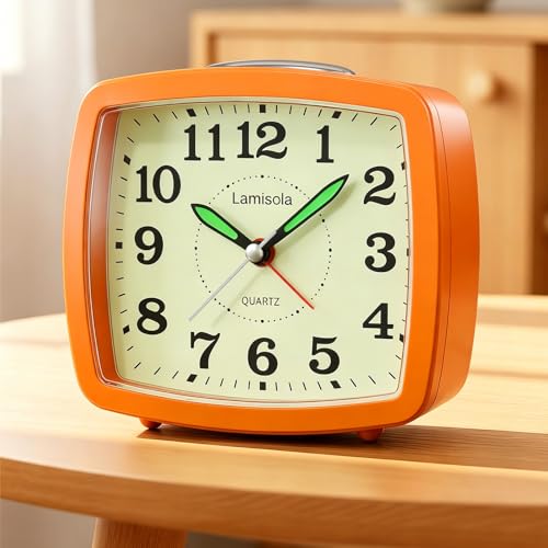 Image of Lamisola Analog Travel Alarm Clock for Bedroom, Small Desk Clock Orange | Retro Battery Clock for Bathroom Shelf Table Bedside, Night Light Silent Snooze Clear Display for Kids Senoirs Teens