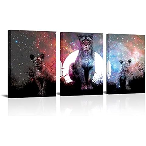 Lion Canvas Wall Art Lioness and Cubs Picture Painting Poster for Bedroom Decor Nebula Galaxy Prints Artwork for Home Living Room Decorations Framed Ready to Hang Cover