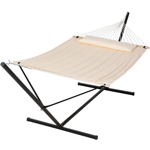 Image of SUNCREAT Double Outdoor Hammock with 15 ft Stand, Standing Patio Hammocks for Outside, Beige