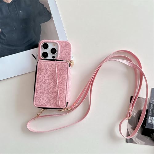 Portefeuille bandoulière en cuir rose chic pour iPhone 14 Plus et 15 Pro Max