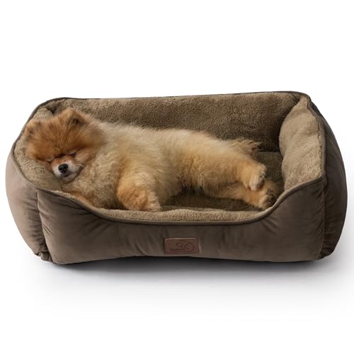 BEDSURE Katzenbett große Katzen waschbar - 63.5x53cm rutschfestes Hundebett kleine Hunde, quadratisches Katzenkorb mit weichem Rand, braun
