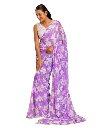 Satrani Sari Georgette con estampado floral listo para usar en un minuto con blusa sin costuras, morado, talla única