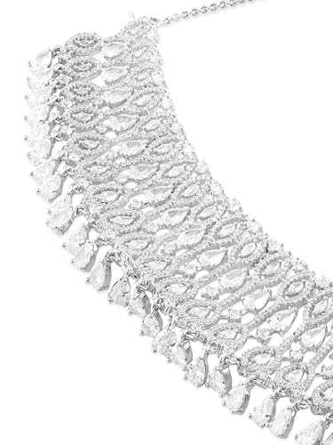 Image of ZAVERI PEARLS Silver Tone Dazzling Cubic Zirconia Brass Choker Necklace & Earring Set For Women-ZPFK17340