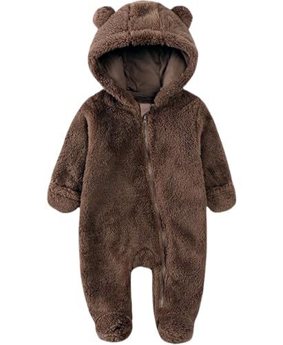 CAHL&FAUO Newborn Snowsuit Baby Cartoon Bear Onesie Warm Fleece Hooded Romper Jumpsuit (Footie Brown, 3-6M)