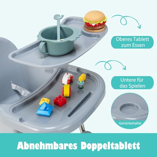 COSTWAY 4 in 1 Babyhochstuhl aus PP & Edelstahl, Hochstuhl umwandelbar mit abnehmbarem Doppeltablett, 3-Punkt-Sicherheitsgurt, Babystuhl Kombihochstuhl für 6-36 Monaten Baby (Grau)