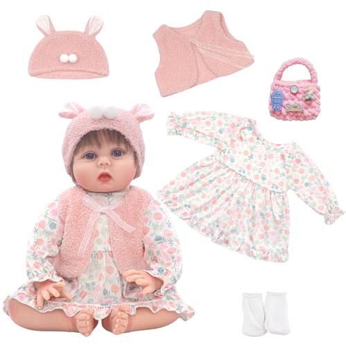 Ropa de muñeca bebé para muñecas de 20 22 pulgadas, conjunto de 5 piezas elegante y lindo de 20 22 pulgadas de color rosa con 1 vestido + 1 chaleco rosa + 1 sombrero de peluche + 1 bolso + calcetines