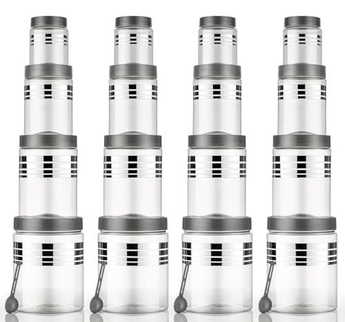 Image of Plastic Pet Storage Jar and Container, Set of 16 (4 ps x 250ml, 4 ps x350ml, 4 ps x 650ml, 4 ps x 1200ml) With Spoons Air Tight Kitchen Organiser Improved Model Silver line Printed