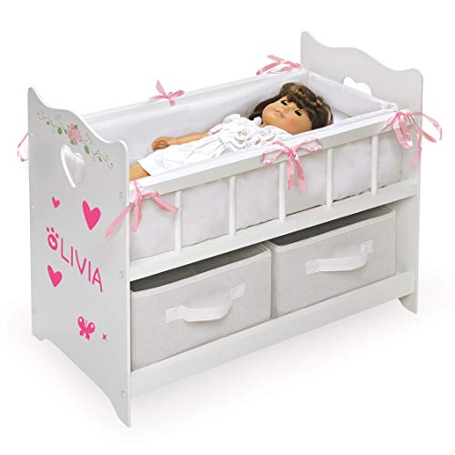 Badger Basket Wooden Doll Bed with Bed Liner, Pillows and Two Storage Baskets - Fits 18" Dolls - Ideal for Pretend Play and Baby Doll Fun - White/Rose Design with Free Personalization Kit by Badger Basket - Image 4