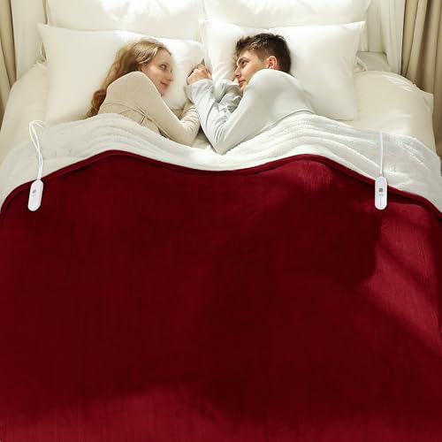 Electric Blanket Queen Size 84" x 90" - Flannel Sherpa Washable Heated Blanket with Dual Control, 5 Heating Levels & 10 Hours Auto Off, Heating Blanket with Overheat Protection for Home(Red)