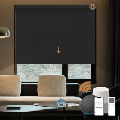 JOYENG Motorized Blinds, Blackout Smart Blinds for Windows Motorized Blackout Shades with Remote, Automatic Window Shades Compatible with Alexa Electric Roller Shades Custom Size (Luxury Black)