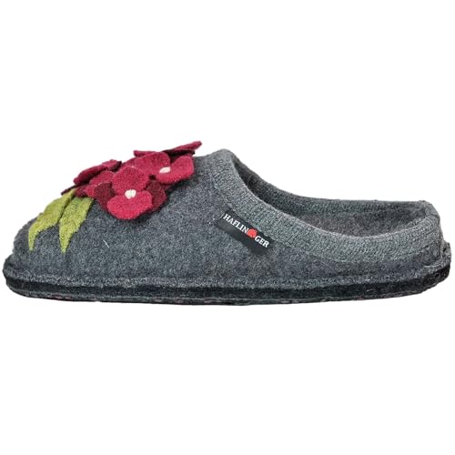 HAFLINGER Women's Hortensia Pure Boiled Wool Breathable Moisture-Wicking House Slippers w/Slip-Resistant Double-Felted Sole, Gray, 64