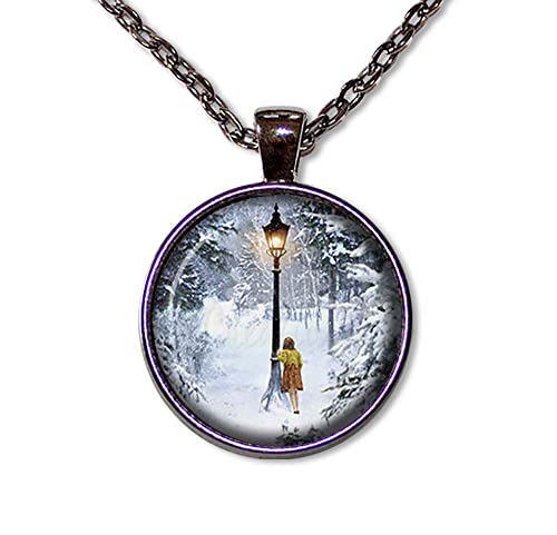 Chronicles of Narni Lamppost Lucy Handmade ROUND Glass Pendant Necklace Jewelry (16, Gunmetal Black)