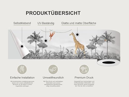 AG Design Selbstklebende Bordüre Dschungel, AWBD 8176 | Wasserfest Kinderzimmer Wand Aufkleber Dekoration | Wandbordüre für Mädchen und Junge | Folie, Mehrfarbig | Breite 500 cm x Höhe 13.8 cm