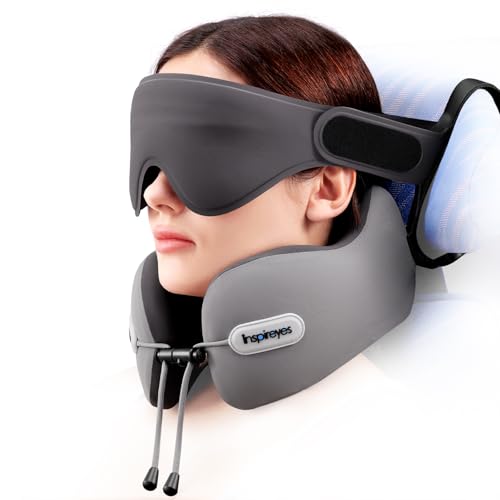 Inspireyes Neck Pillow, Travel Pillow with Seat Strap, 3D Sleep Mask, Dual Support Neck and Head, High Supportive Foam Airplane Pillow for Long Flight Road Trip, Stop Bobblehead Travel Essential, Grey