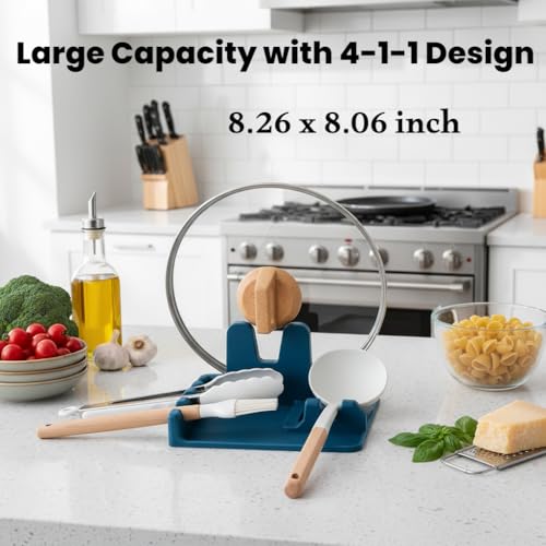 Image of Auoon Silicone Spoon Rest with Lid Holder - 3 in 1 Kitchen Utensil Rest for Soup Ladles, Pot Lids, Spatulas, Spoons, Tongs, BPA Free & Dishwasher Safe, 8.26 x 8.06 Inch (Fog Blue, Large)