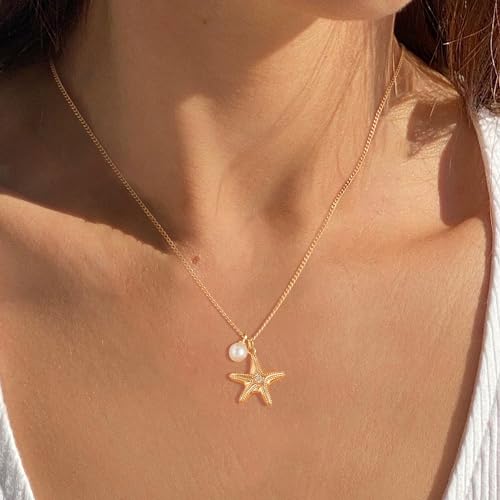 MTMY Gold Starfish Necklace 14K Gold Plated Shell Conch Ocean Pendant Necklace for Women Beach Summer Jewelry2