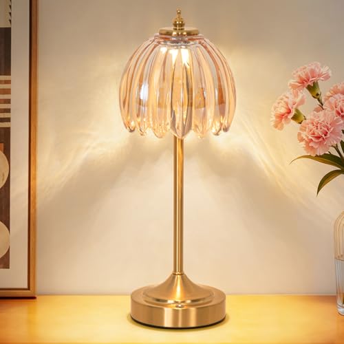 Lampe de chevet LED vintage à intensité variable, 3CCT, sans fil, avec abat-jour en verre tulipe...